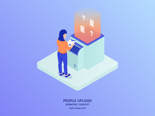 woman upload data concept with uploading document via tools hardware with isometric style