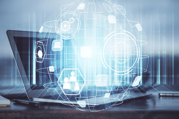 Computer on desktop with social network hologram. Multi exposure. Concept of international people...