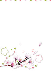 桜の花に玉飾りと桜型のオブジェのイラストアート長形レイアウト縦スタイル背景素材