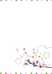 桜の花に玉飾りと桜型のオブジェのイラストアート長方形レイアウト縦スタイル背景素材