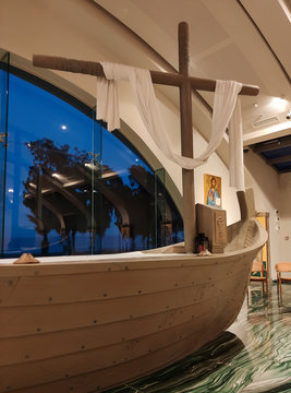 Migdal HaEmek, Israel, January 26, 2020: The altar in the church in Magdala on the Galilee Lake