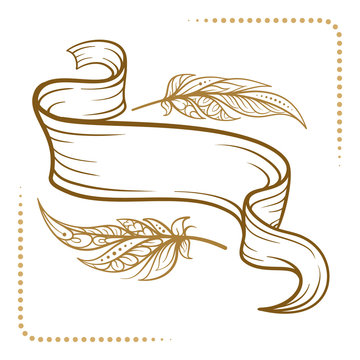 Vintage blank scroll with boho style feathers decoration. Retro style vector graphic.