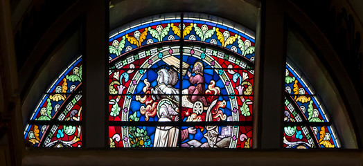 Haifa, Israel - January 26 2020: The Stella Maris Monastery. Stained glass window depicting Elijah.