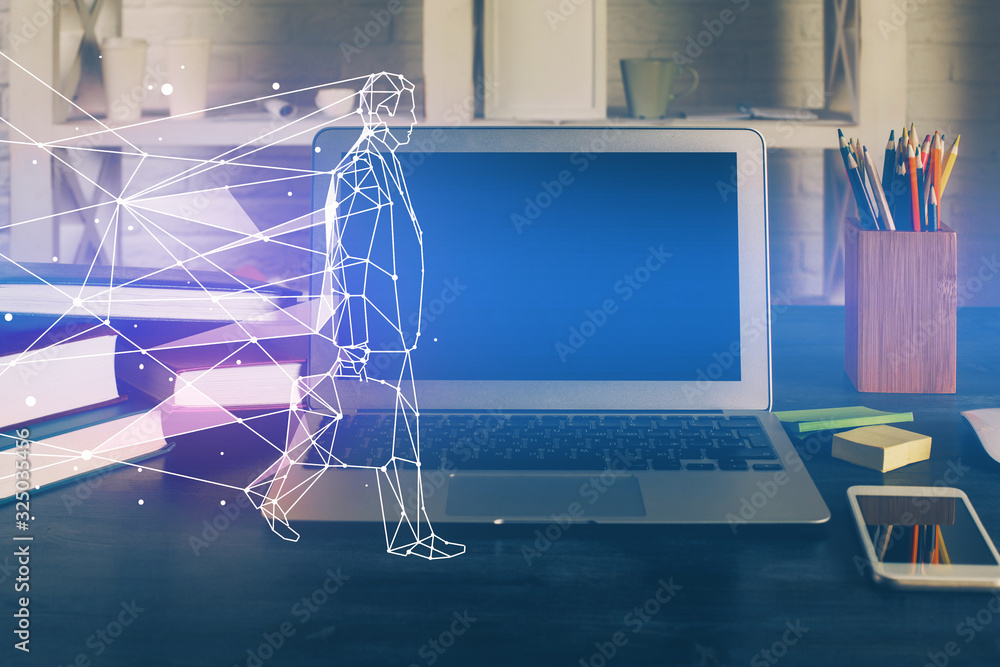 Poster Desktop computer background in office and start up theme hologram drawing. Double exposure. Startup concept.