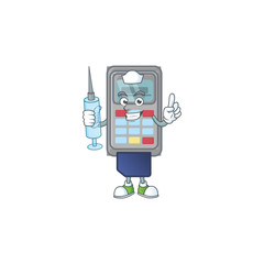 Smiley Nurse POS machine cartoon character with a syringe