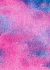 Watercolor drawing. Background with abstract spots, transitions, and gradient. Pink, purple, and blue shades. Watercolor paper texture.