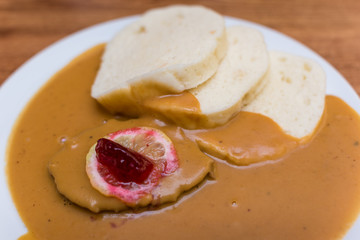 Beef Sirloin With Cream Sauce or Svíckova na smetane meal with bread
