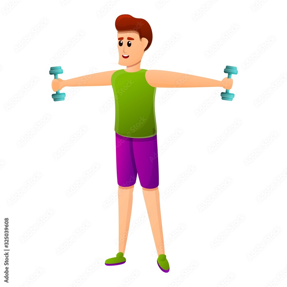 Poster boy home dumbbell exercise icon. cartoon of boy home dumbbell exercise vector icon for web design is