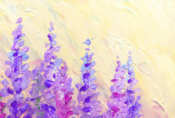 Fototapeta na wymiar Oil painting. Bright Lupine Flowers