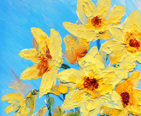 Fototapeta na wymiar Oil painting. Yellow daffodils in the garden