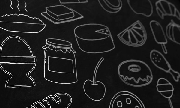 3D Illustration of Hand Drawn Food Icons in BlackBoard