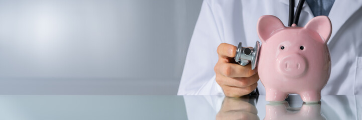 Doctor Examining Piggybank With Stethoscope