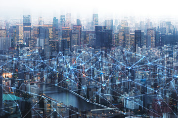 Tokyo cityscaped top view with cyber digital line.