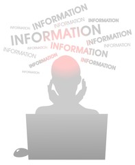 Woman sitting at laptop and has  headache from vast amount of information. Creative design illustration.