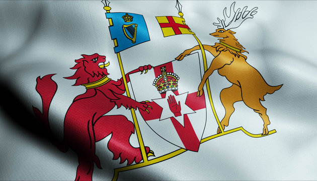 3D Waved United Kingdom Region Flag of York Region Coat of Arms Flag of Northern Ireland