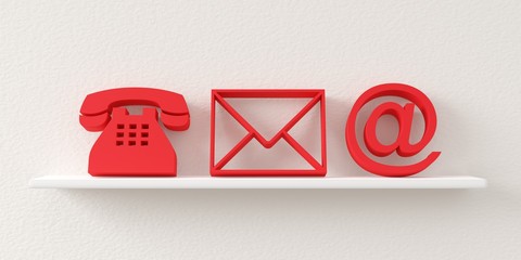 Red telephone, envelope letter and e-mail symbols leaning against wall background on white shelf, contact us symbols or banner