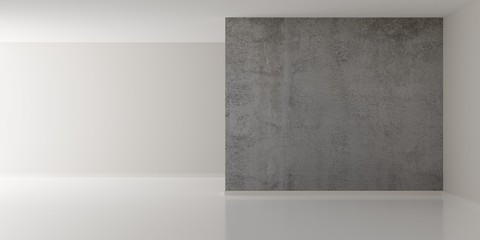 Empty white room with blank walls, center grunge concrete wall element and shiny white floor - presentation or gallery architecture background element