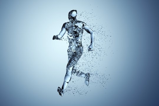 Human body shape of a running man filled with blue water on blue gradient background - sport or fitness hydration, healthy lifestyle or wellness concept