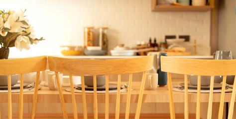modern dinning room with wooden table and classic style chair beautiful house interior concept
