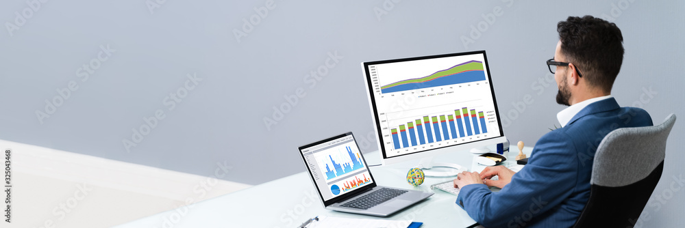 Poster business analyst man working on computer