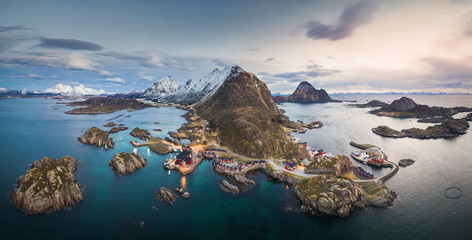 Panorama of Mortsund at Lofoten, Norway