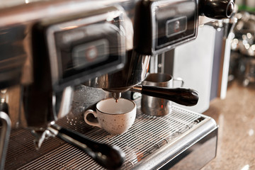 small business, people and service concept. Bartender in apron with holder and tamper preparing coffee at coffee shop