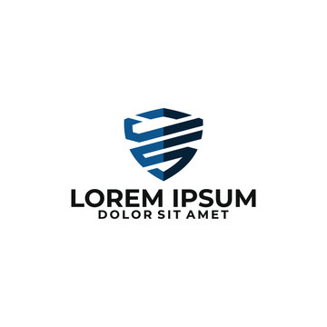Initial letter JS logo template with shield line art security symbol in flat design monogram illustration