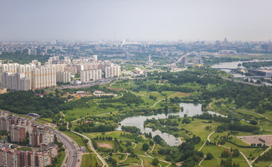 Beautiful summer panoramic landscape. Bird's-eye view of Penyaginsky Pond and Mitino Landscape Park