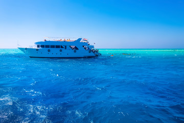 Sail boat ship with tourists in Ras Mohamed National Park in the Red Sea, Sharm El Sheikh