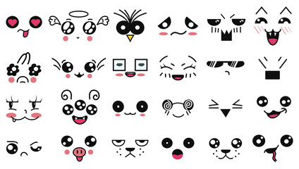 Kawaii cute faces. Funny cartoon japanese emoticon in in different expressions. Expression anime character and emotion. Social network, print, Japanese style emoticons, Mobile, chat. kawaii emotions.