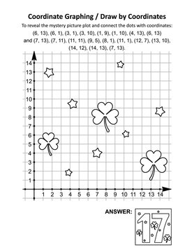 Coordinate graphing, or draw by coordinates, math worksheet with St Patrick's Day mystery picture of number 17 for March seventeenth. Answer included.
