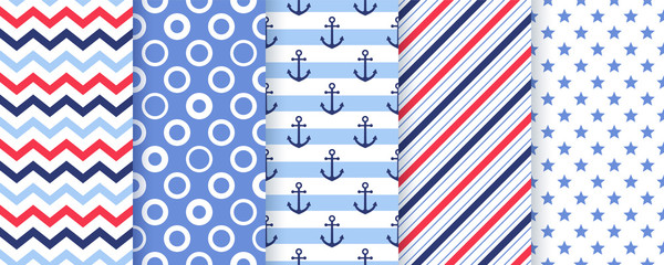 Nautical, marine seamless pattern. Vector. Sea backgrounds with anchor, stripes, zigzag, circles, stars. Set blue summer texture. Abstract geometric print for scrapbooking design. Color illustration.
