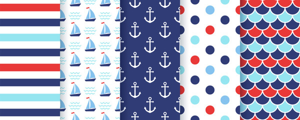 Nautical, marine seamless pattern. Vector. Sea backgrounds with anchor, stripe, yacht, polka dot, fish scale. Set blue summer texture. Geometric print for scrapbooking design. Color illustration