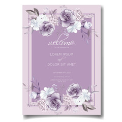 Elegant wedding invitation card with beautiful purple and white floral