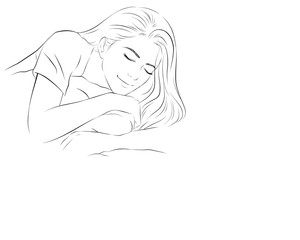 Vector hand drawn graphic illustration. Sexy pretty posing person, cartoon, sleep on its side and dream line art