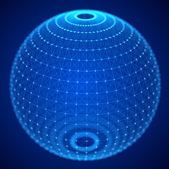Technology blue sphere with connecting dots and lines. Digital abstract network structure. 3d rendering.