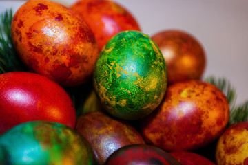 Easter eggs decor closeup marble multicolore egg