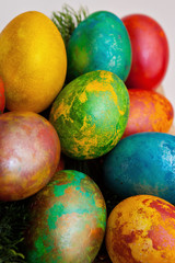 Easter eggs decor closeup marble multicolore egg
