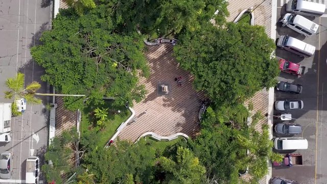 aerial view with drone of the central square of La Merced, Chanchamayo