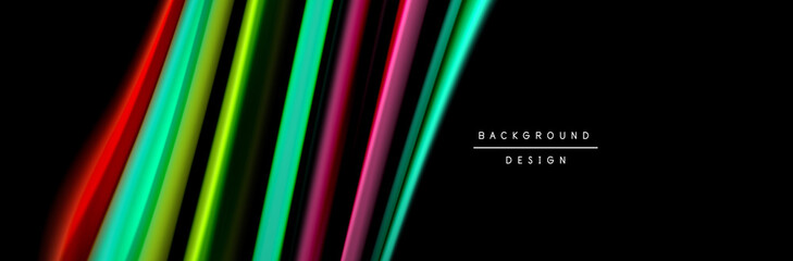 Silk and smooth flow wave poster design. Color waves, liquid style lines and shapes in black color background