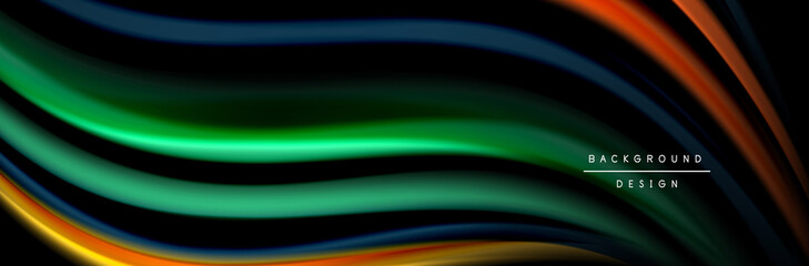 Silk and smooth flow wave poster design. Color waves, liquid style lines and shapes in black color background