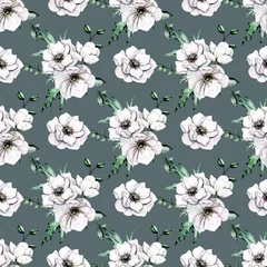Tuinposter Seamless background, vintage floral texture with bouquets watercolor flowers white anemones. Repeat pattern. Perfectly for printing  wrapped paper, textile, backdrop, fabric, wallpaper. © Larisa