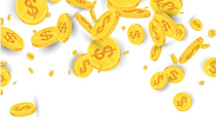 Spinning flying gold coins on white background.