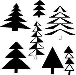 Obraz premium Set of fir trees in Scandinavian style. Isolated elements on white background. The nordic style for design poster, wrapping, postcards, patterns. Vector stock illustration.