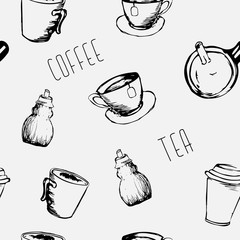 A seamless pattern on the theme of tea and coffee. Mugs and cups, sugar bowls drawn with a hand. Vector eps illustraition.