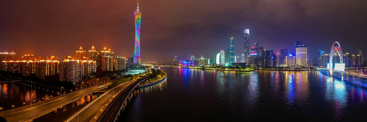 Obraz na płótnie Canvas Aerial photo of night view of Guangzhou, China