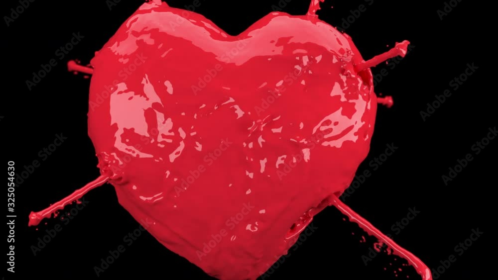 Poster slow motion close up transform red heart liquid water. 3d animation with alpha matte. selective focu