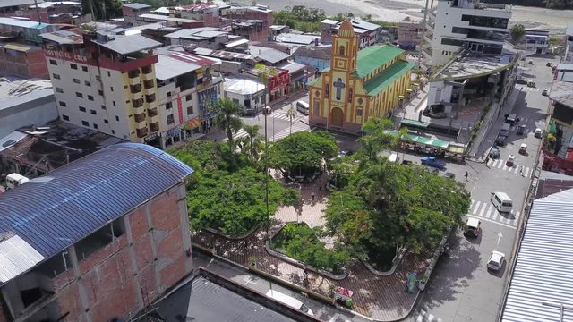 aerial view with drone of the central square of La Merced, Chanchamayo