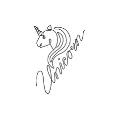 Unicorn head continuous line drawing, hand lettering, small tattoo, print for clothes and logo design, emblem or logo design, silhouette one single line on a white background, isolated vector.