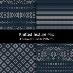Seamless Christmas background set. Knitted pattern texture in dark blue and grey for jacket, dress, top, sweater, or other modern textile print. Stripes, rhombus elements, and nordic snowflakes.